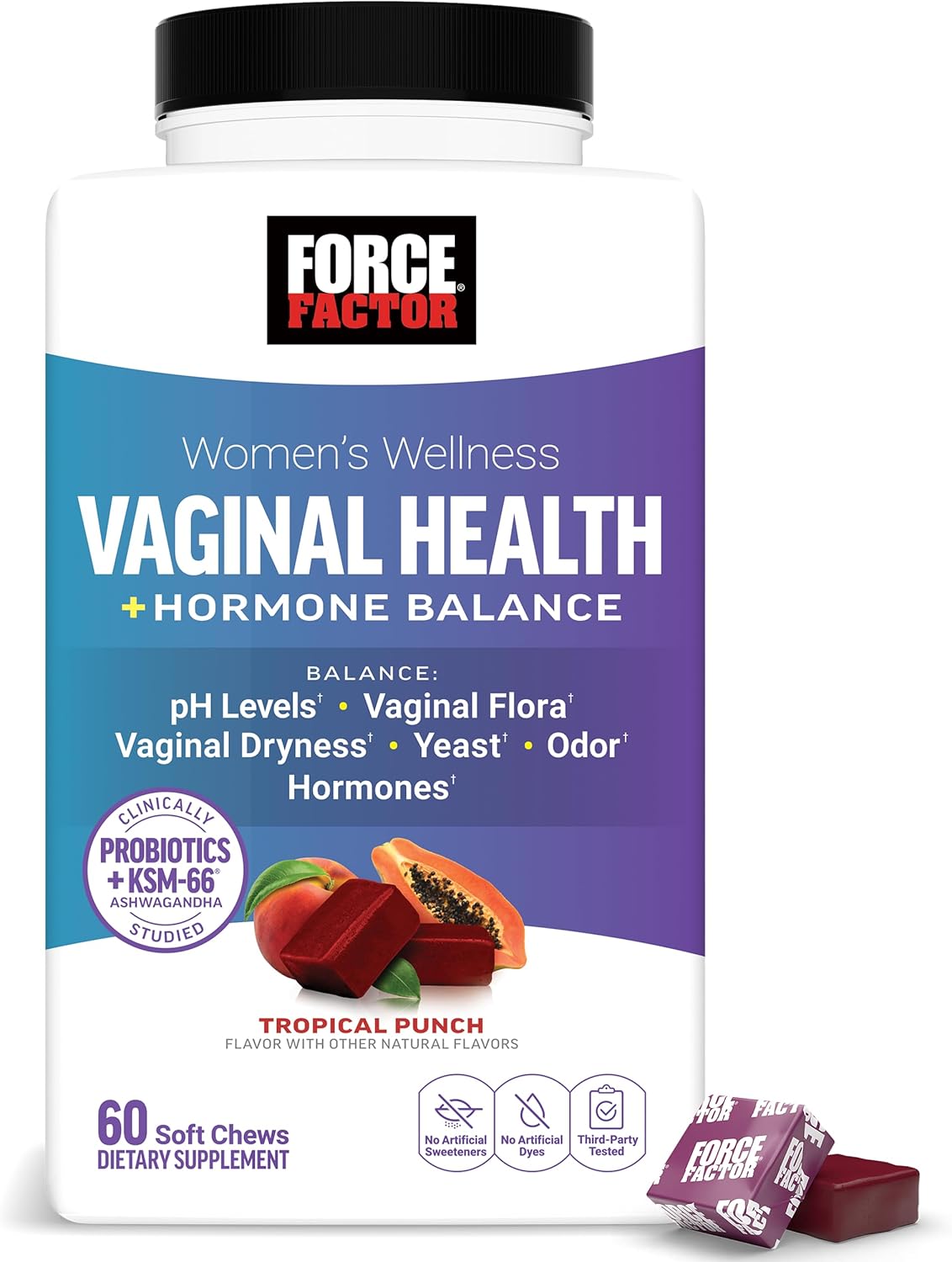 Force Factor Vaginal Health Probiotic Women's Health KSM66 Ashwagandha inositol Hormone Balance 60 Soft Chews