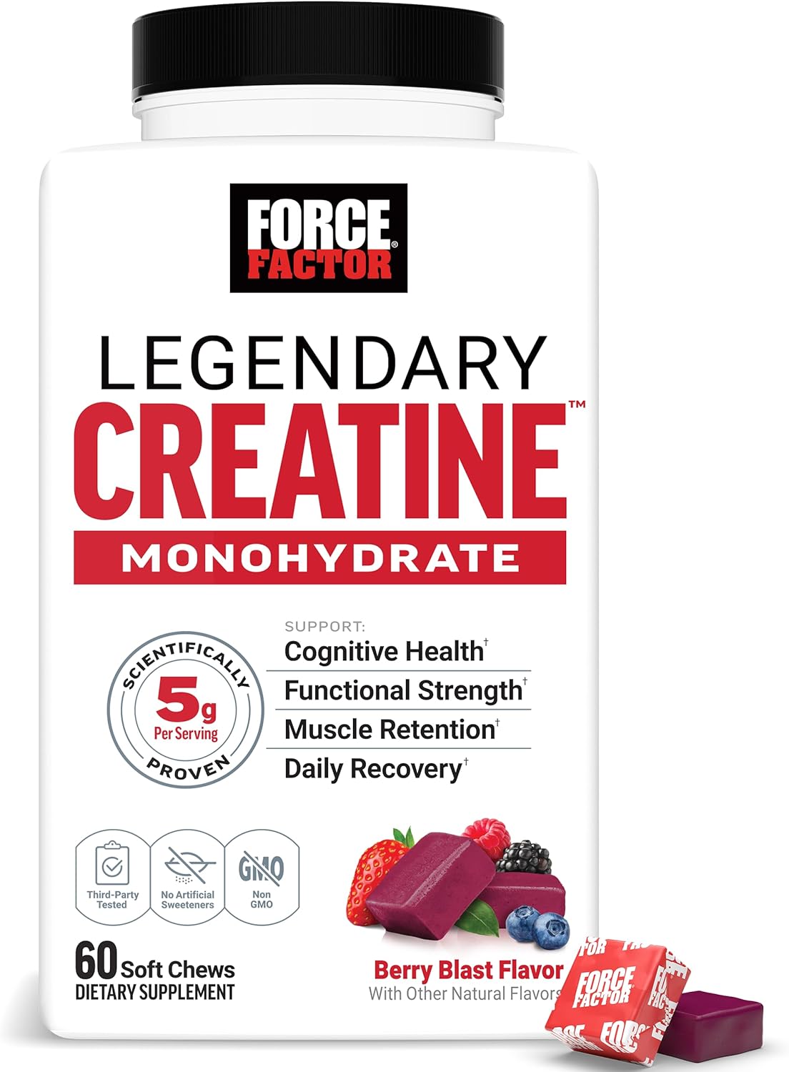 Force Factor Legendary Creatine Monohydrate Memory & Cognitive Sugar Free, Berry Blast 60 Chews
