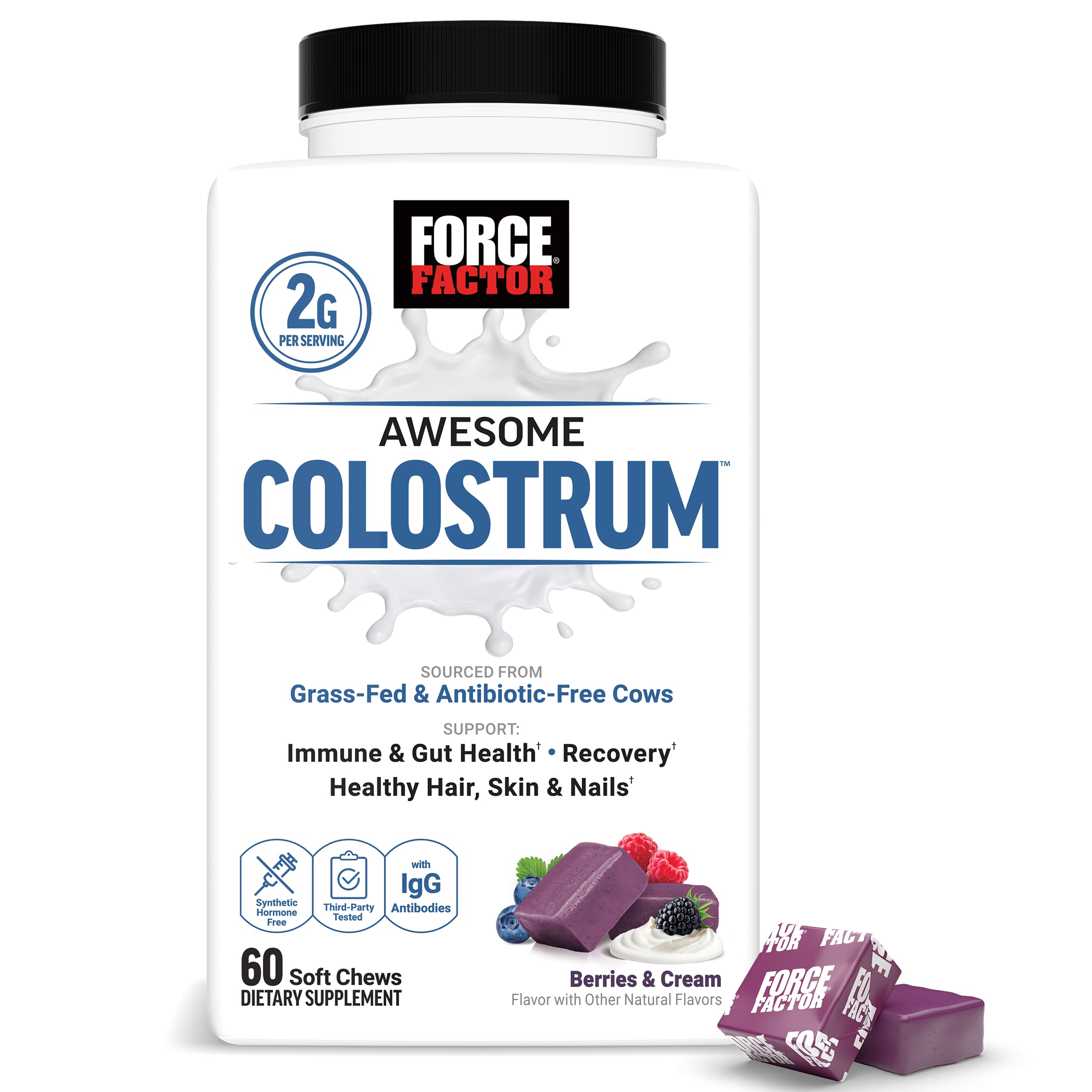 FORCE FACTOR Awesome Colostrum Biotin Grass-Fed Gut Immune Health Recovery Hair Skin & Nails Bovine Colostrum 60 Soft Chews