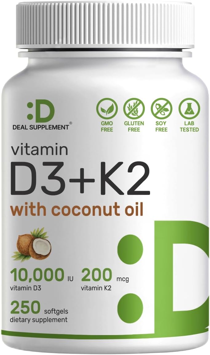 DEAL SUPPLEMENT Vitamin D3 10,000 IU + K2 MK7 200mcg  Coconut Oil  Heart Bone Teeth & Immune Health 250 Softgels