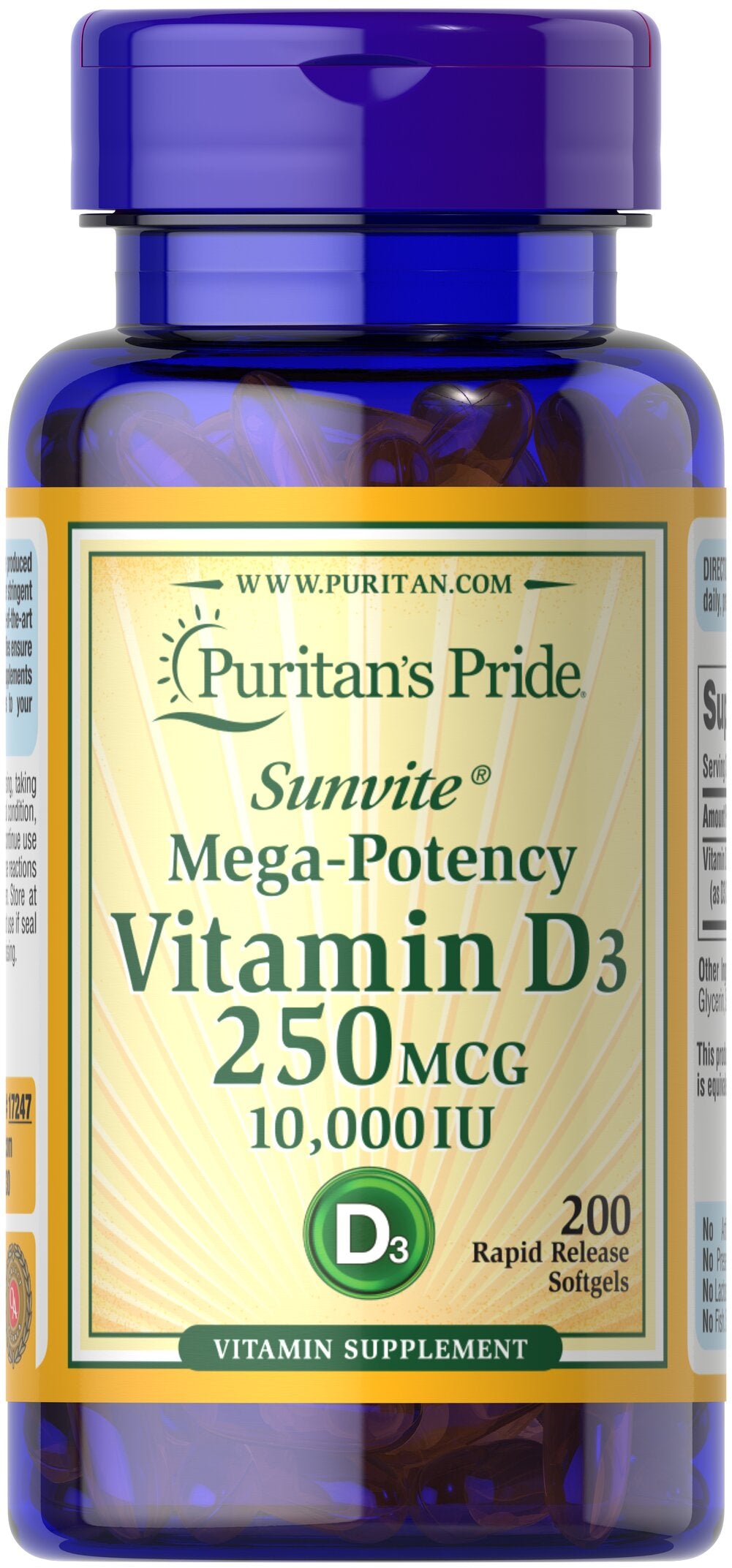 Puritan's Pride Vitamin D3 250 mcg (10000 IU), 200 Softgels
