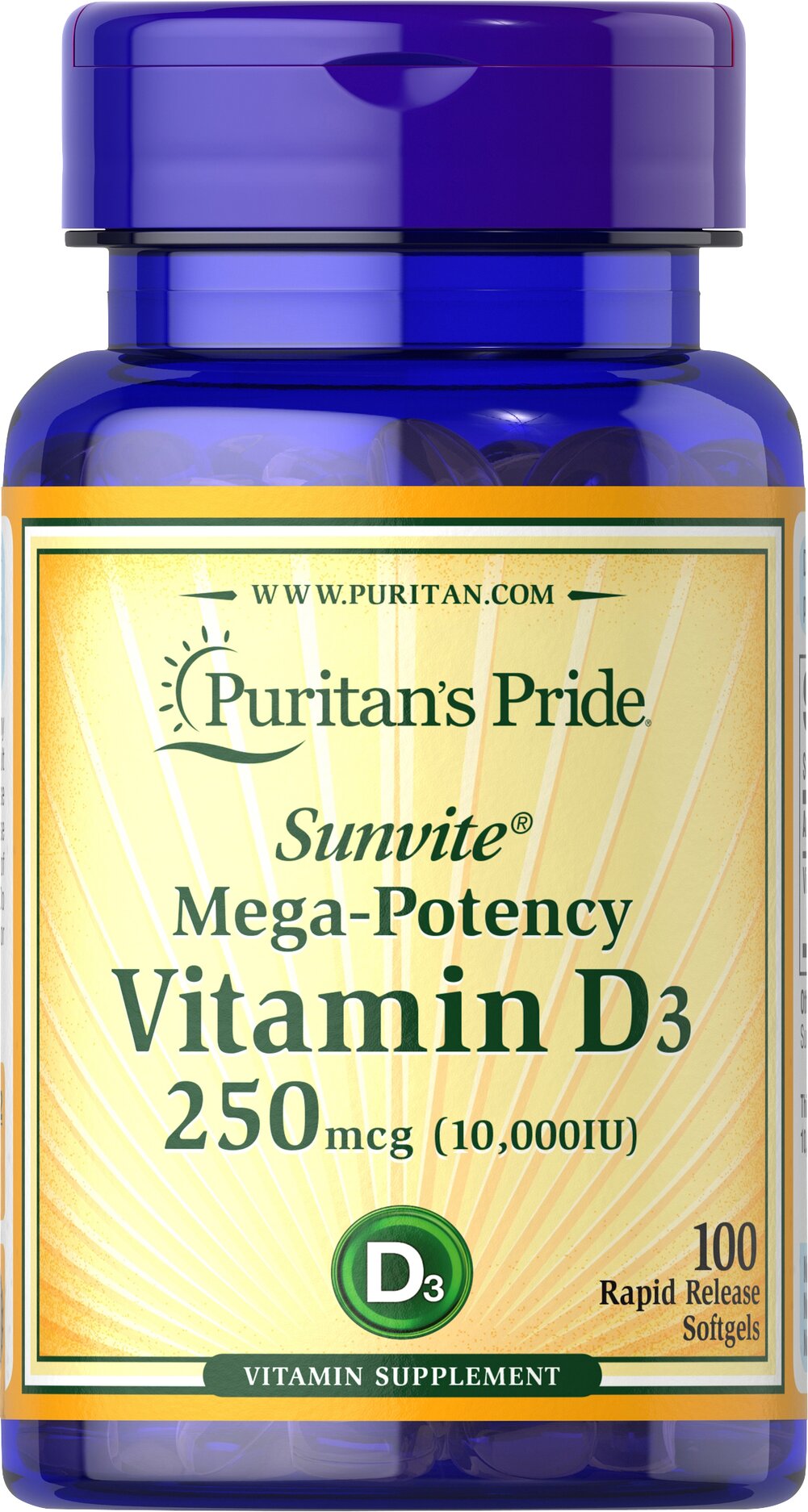 Puritan's Pride Vitamin D3 250 mcg (10000 IU), 100 Softgels