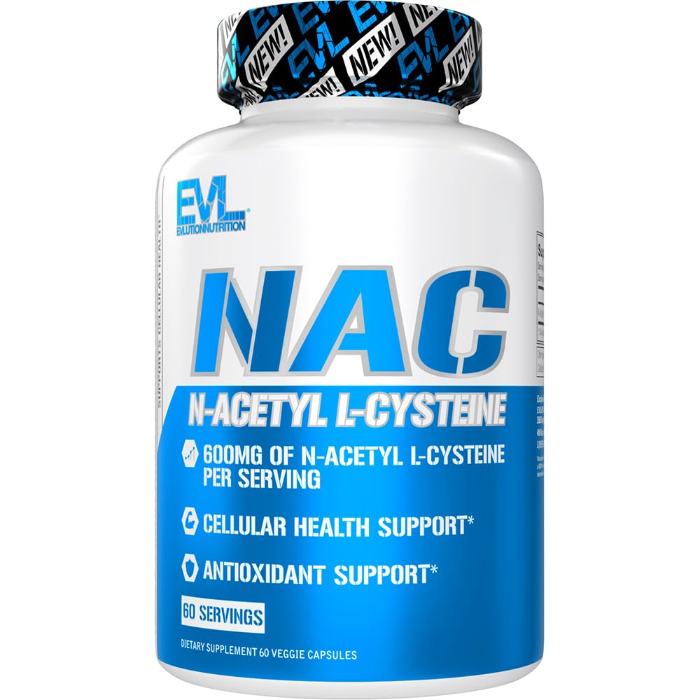 Evlution Nutrition NAC N-Acetyl L-Cysteine - 600mg Antioxidant Health Support  Vegan & Gluten Free - 60 Veggie