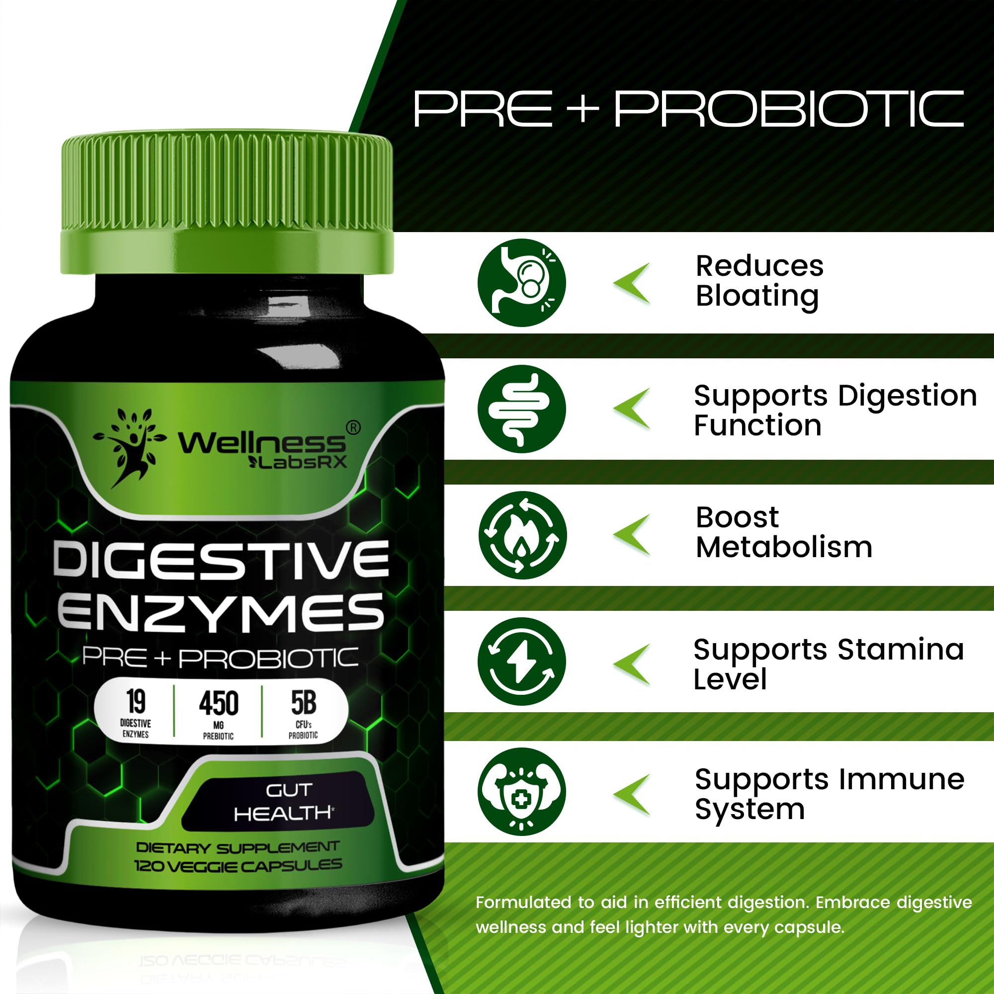 Wellness Labs Digestive Enzymes Pre+Probiotic 5B CFUs Pro – 120 capsules