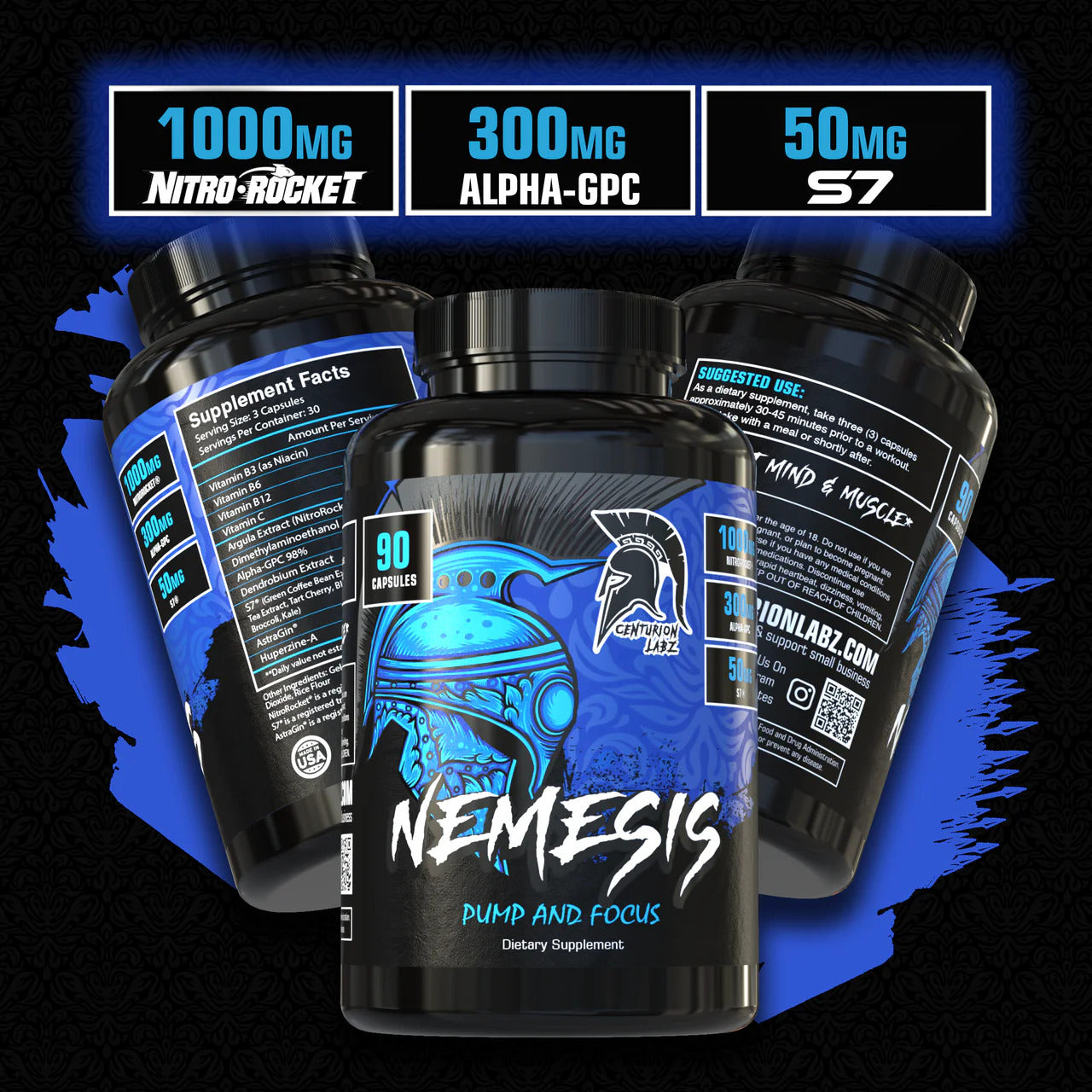 Centurion Labz Nemesis Pump Focus S7 + Alpha Gpc + Huperzine + Astragin + Nitro Rocket 90 Caps