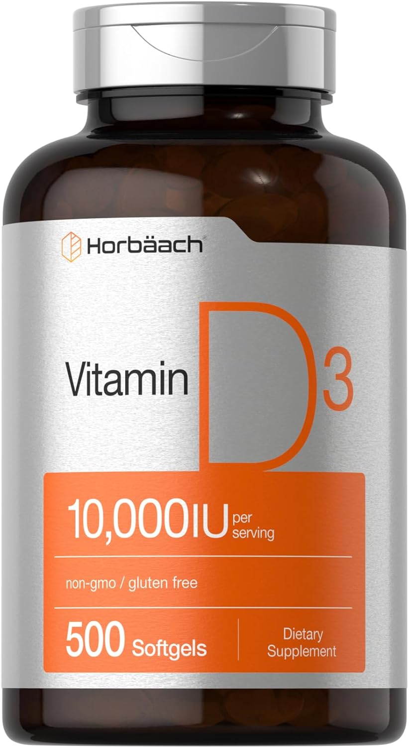 Horbäach Vitamin D3 10000 IU | 500 Softgels | Non-GMO, Gluten Free Supplement | Value Size | 250mcg | High Potency Formula